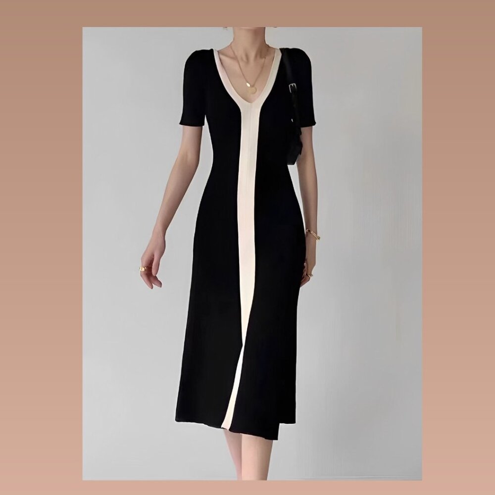 Commense - Two Tone V-Neck Knit Slit Midi Dress